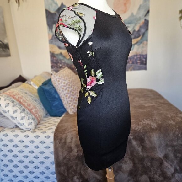 BCX Black Floral Bodycon Mini Dress - Size 5 Short Sleeve Party/Clubwear - Picture 8 of 13